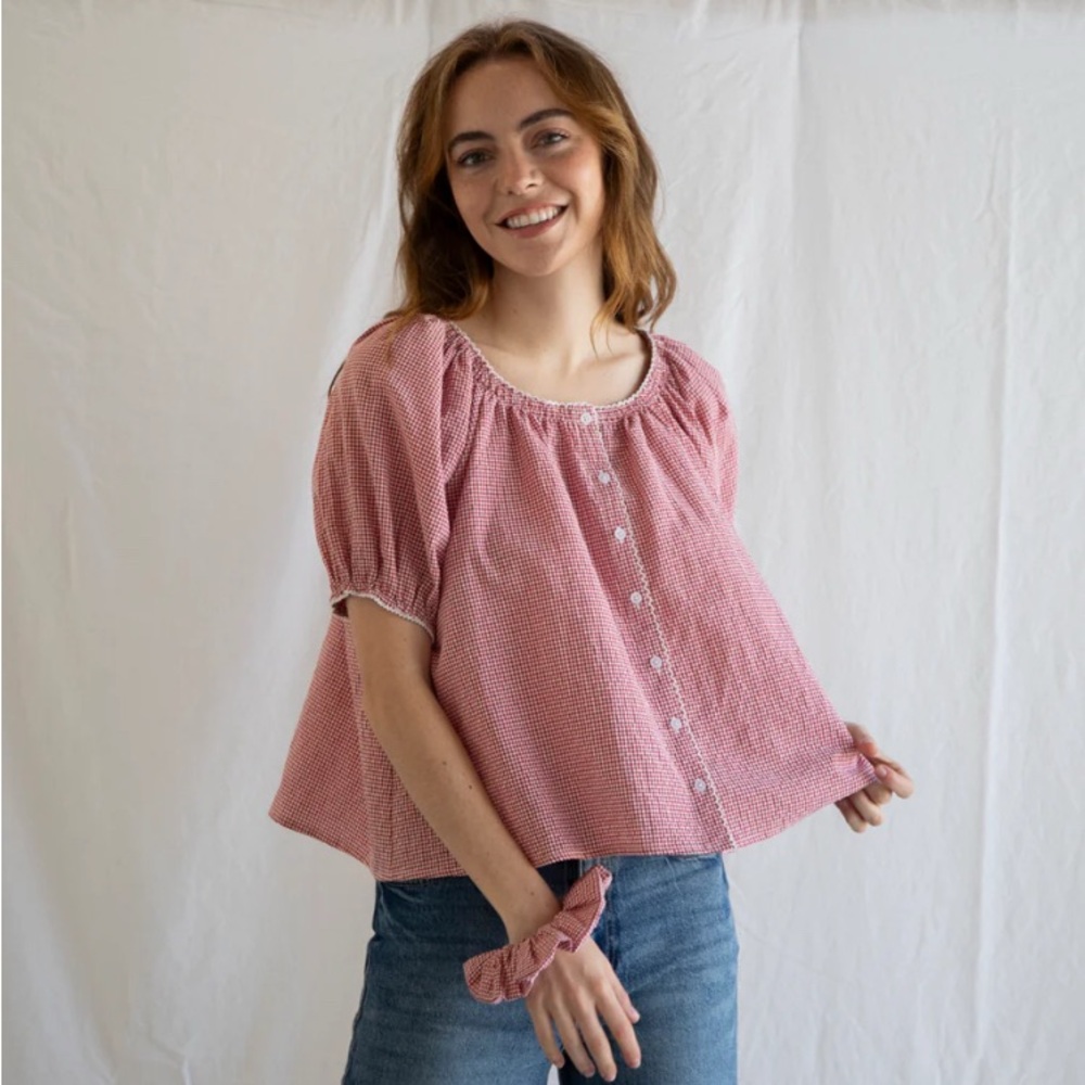ISO Things Between Joey Blouse in red Gingham Puff Sleeve Top size S